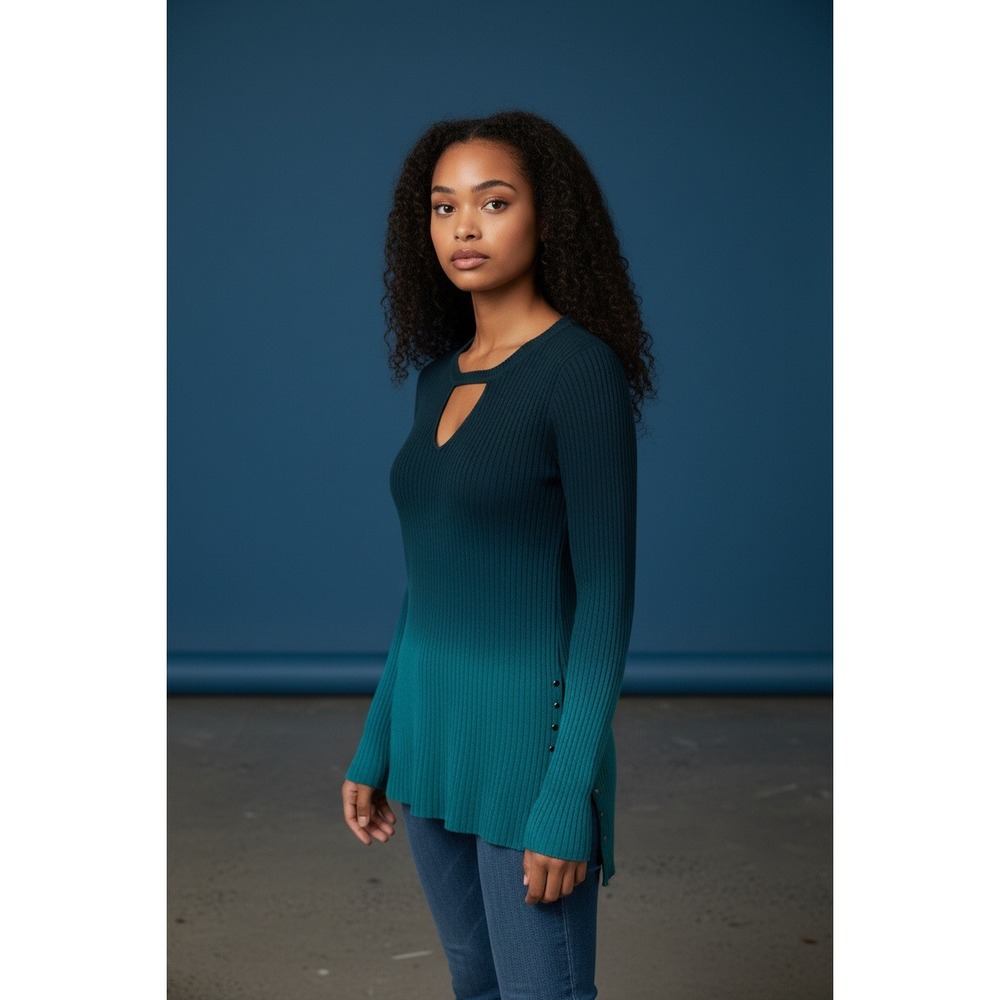 Rock & Republic Womens Ombre Ribbed Knit Sweater Teal Blue Keyhole Cutout Medium